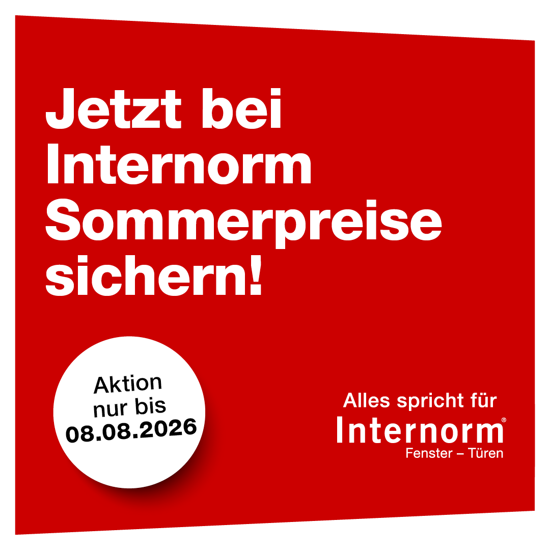Advertisement for Internorm summer prices, valid until August 8, 2026. Features a red background with white text, offering deals on windows and doors.