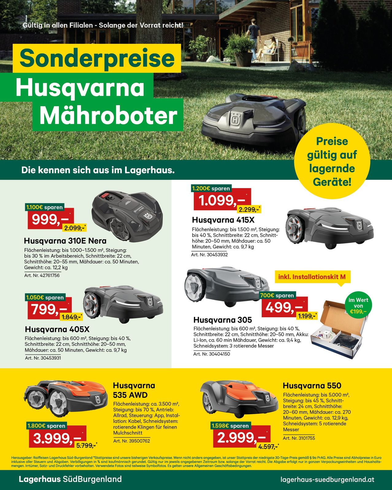 Prospekt für Husqvarna Rasenmäher mit verschiedenen Modellen und Preisen. Merkmale umfassen Schnittflächen, Akkulaufzeit und Mähzeiten. Sonderangebote und Rabatte verfügbar.