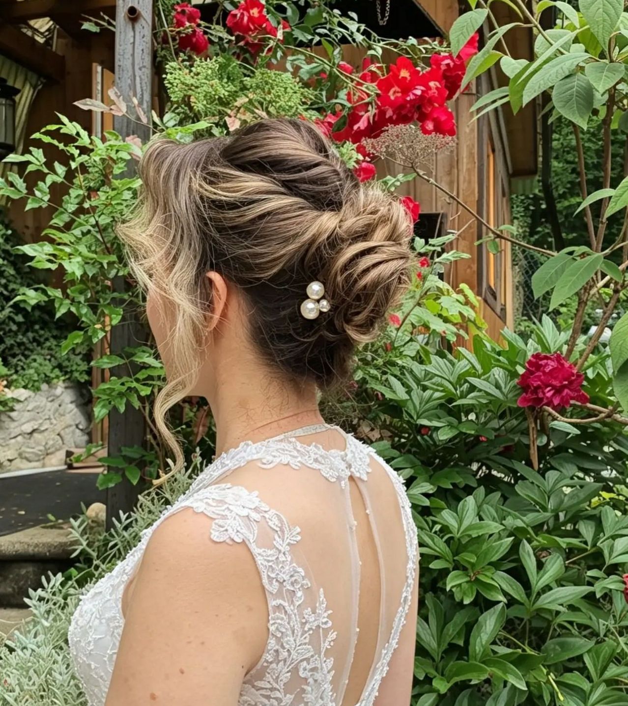 Eine Braut mit einer Perlenhaarnadel steht draußen. Sie blickt vom Kamera weg und zeigt einen Garten mit roten Blumen.