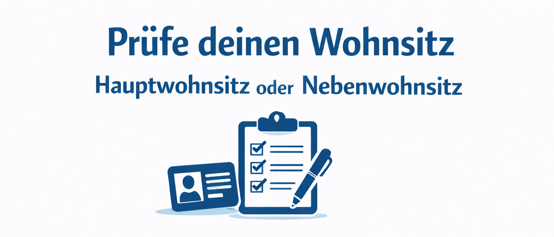 Blauer Text 'Prufe deinen Wohnsitz Hauptwohnsitz oder Nebenwohnsitz' begleitet von einem Symbol eines Klemmbretts mit einem Stift und einer Personenikone.