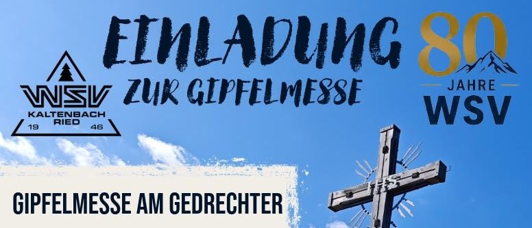 Plakat zum 80-jährigen Jubiläum des Schützenvereins Kaltenbach-Ried mit einem Kreuz auf einem Hügel, einer Bierkrug-Illustration und einer Fackel. Die Veranstaltung umfasst ein traditionelles Feuer und eine Messe am Gedrechter.