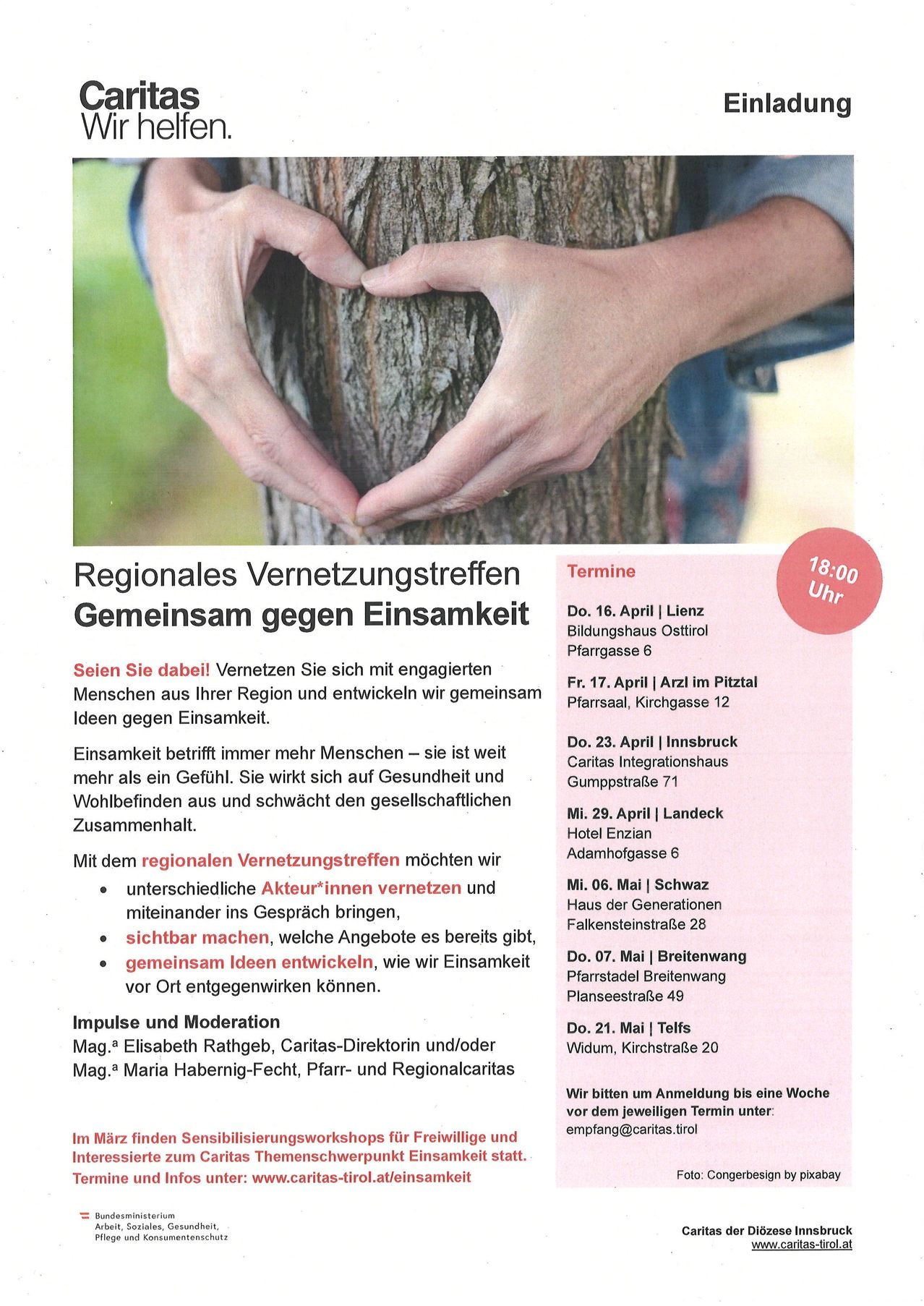 Ein Flyer mit den Händen einer Person, die eine Herzform um einen Baumstamm bilden. Der Text lautet 'Regionale Vernetzungstreffen Gemeinsam gegen Einsamkeit'. Veranstaltungsdaten und -orte sind mit Uhrzeiten aufgeführt. Der Flyer ermutigt zur Zusammenarbeit und Bekämpfung der Einsamkeit.
