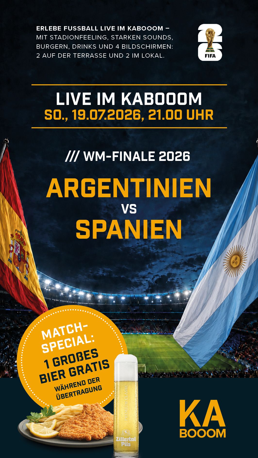 Plakat für das Finale der Frauen-Weltmeisterschaft zwischen Argentinien und Spanien am 19. Juli 2026 um 21:00 Uhr. Die Flaggen beider Länder sind auf beiden Seiten des Plakats abgebildet.