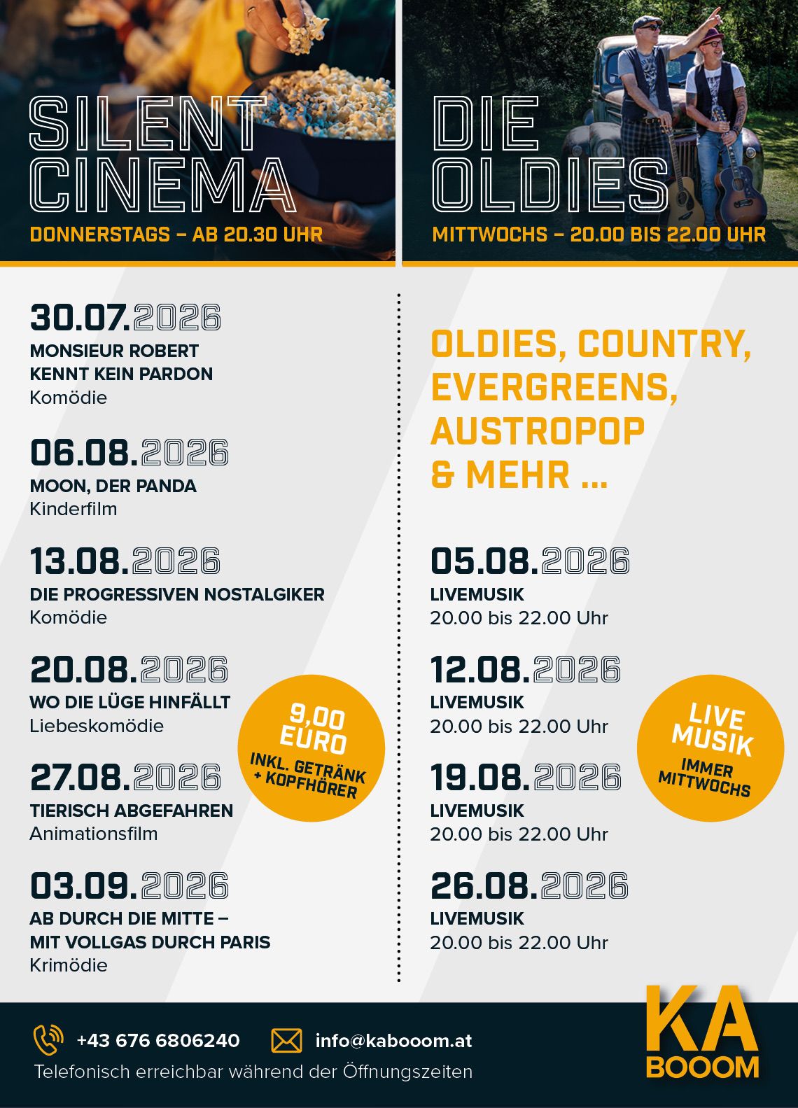 Ein Plakat mit Datum und Filmtiteln auf Deutsch. Es listet Kino- und Oldies-Events mit bestimmten Daten und Genres auf. Es enthält auch einen Preis von 9,00 Euro für ein Ticket.
