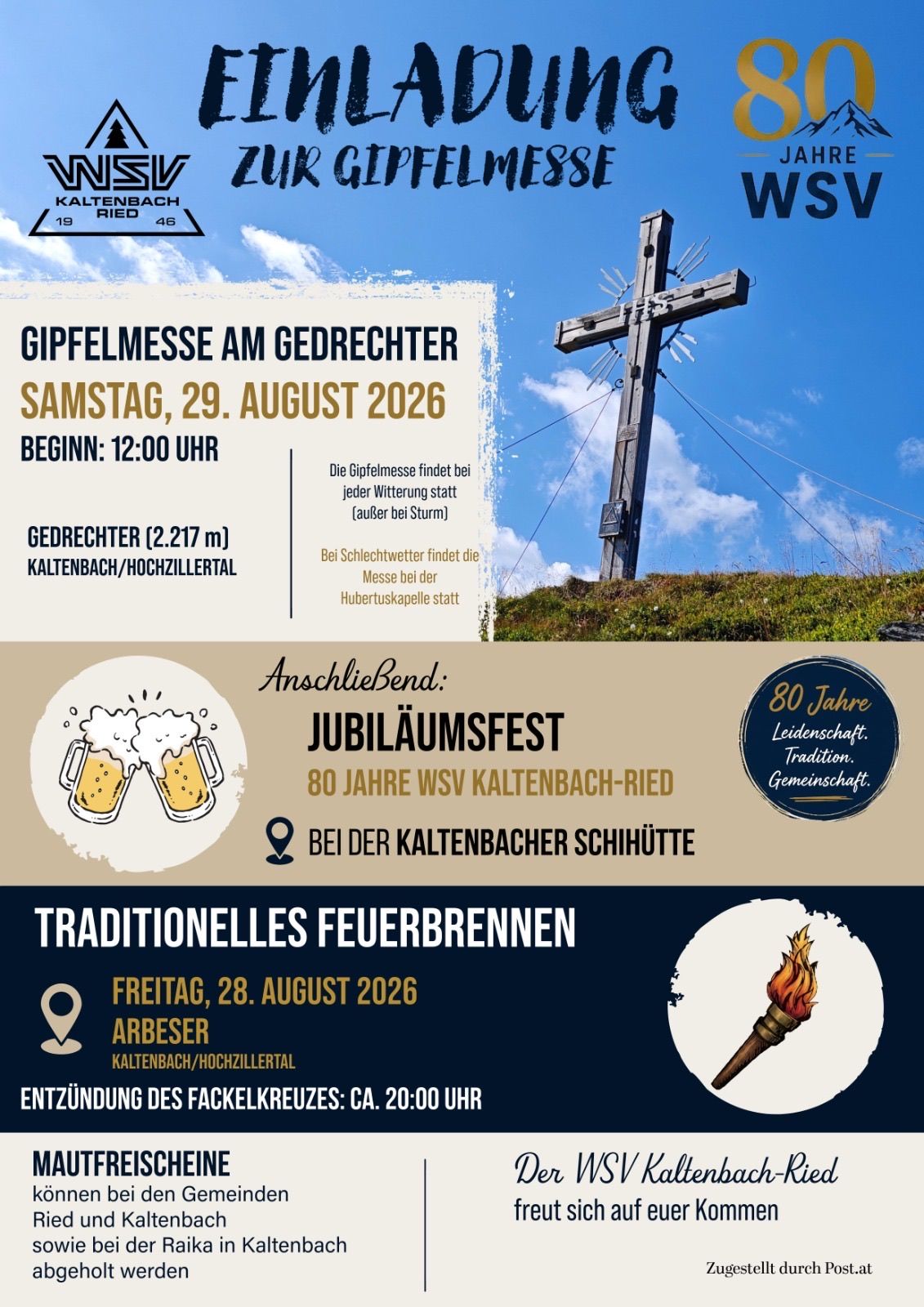 Plakat für eine traditionelle Veranstaltung in Kaltenbach mit einem Kreuz auf einem Hügel, einem Bierkrug-Symbol und einer Fackel. Die Veranstaltung umfasst ein traditionelles Lagerfeuer und eine Feier der 80-jährigen Geschichte von WSW Kaltenbach-Ried.