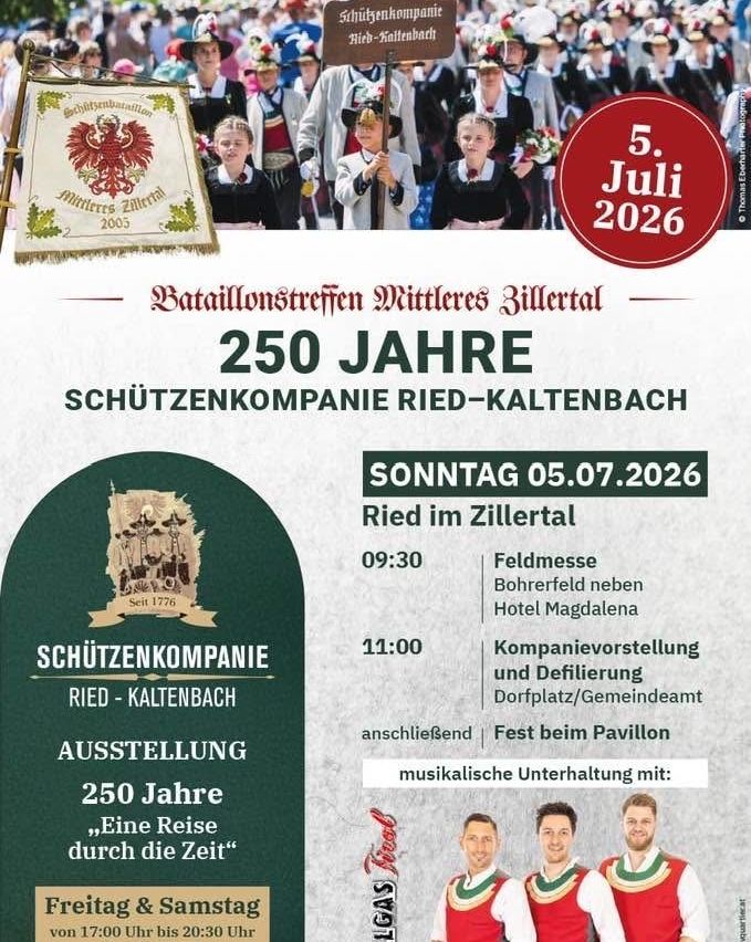 Plakat für die 250-Jahr-Feier der Schützenkompanie Ried-Kaltenbach am 5. Juli 2026. Veranstaltungen umfassen eine Feldmesse, Kompanievorstellung, Defilee und Feier im Pavillon.