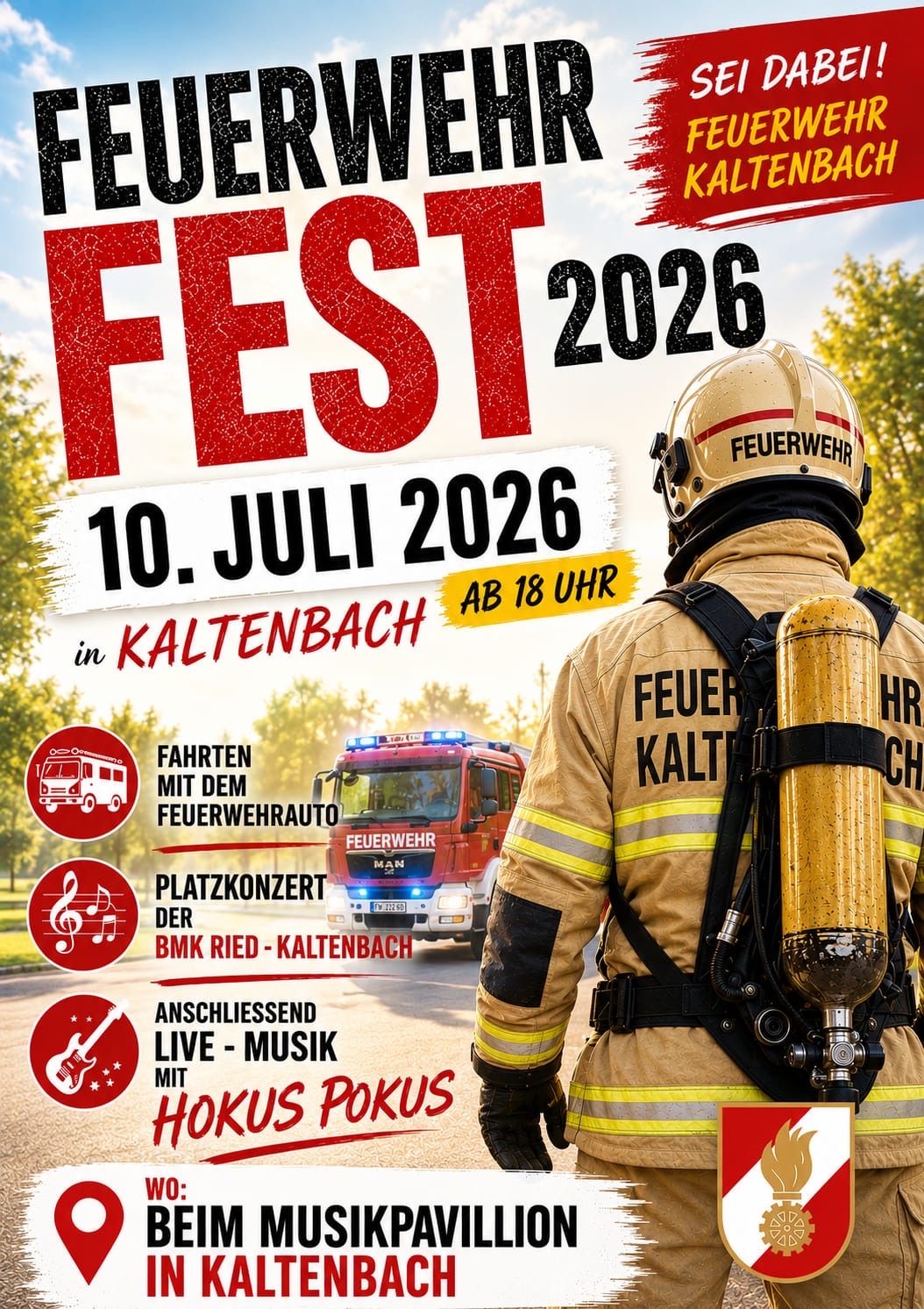 Fest 2026 am 10. Juli. Treffen Sie uns in Kaltenbach um 18:00. Erleben Sie eine Feuerwehrfahrt, ein Platzkonzert von BMW Ried Kaltenbach und Live-Musik mit Hokus Pokus.
