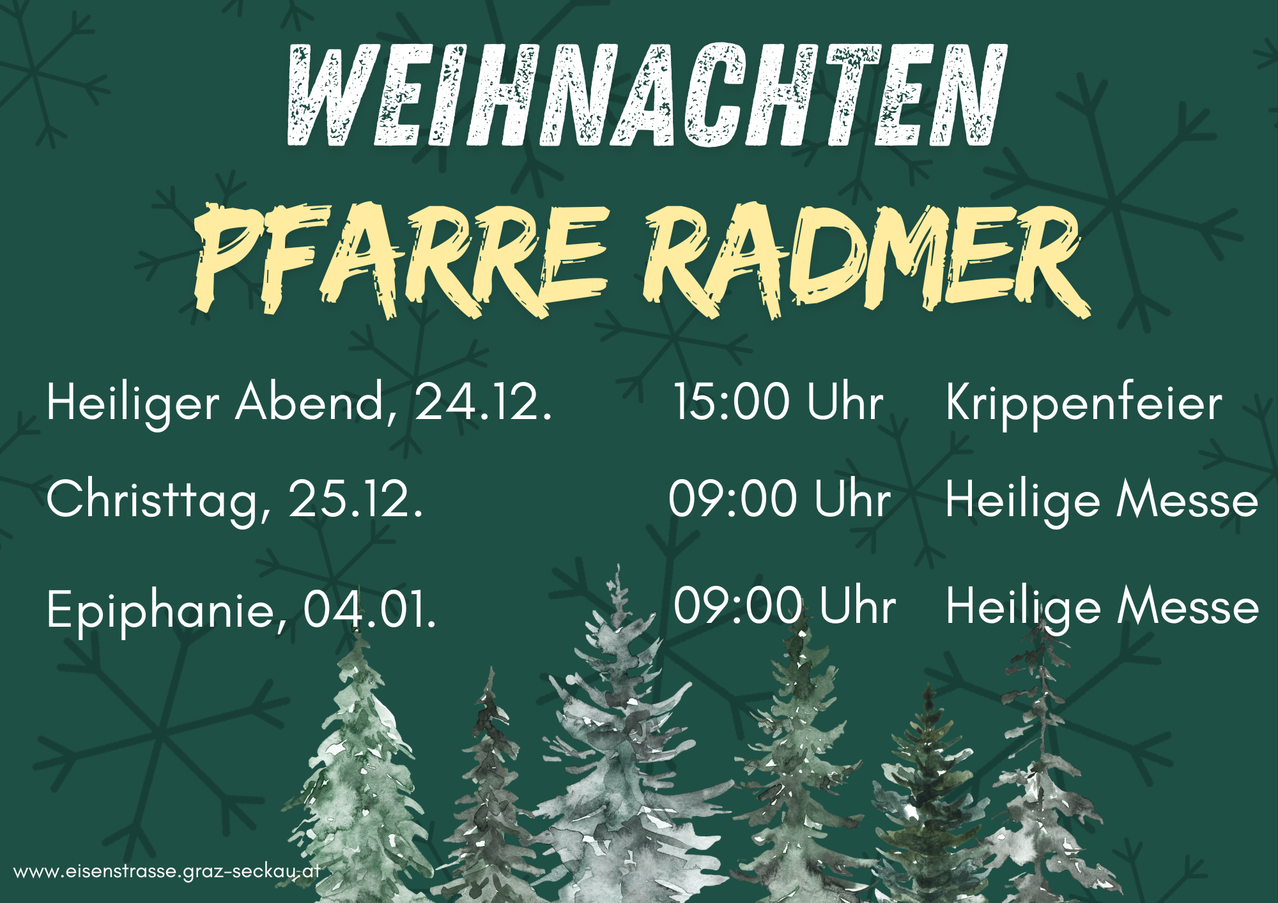 Weihnachtspostkarte Radmer Abend, 24.12. um 15:00 Uhr, Heiligabend, 25.12. um 09:00 Uhr, Heiliger Abend, 04.01. um 09:00 Uhr. Illustration von Tannenbäumen.