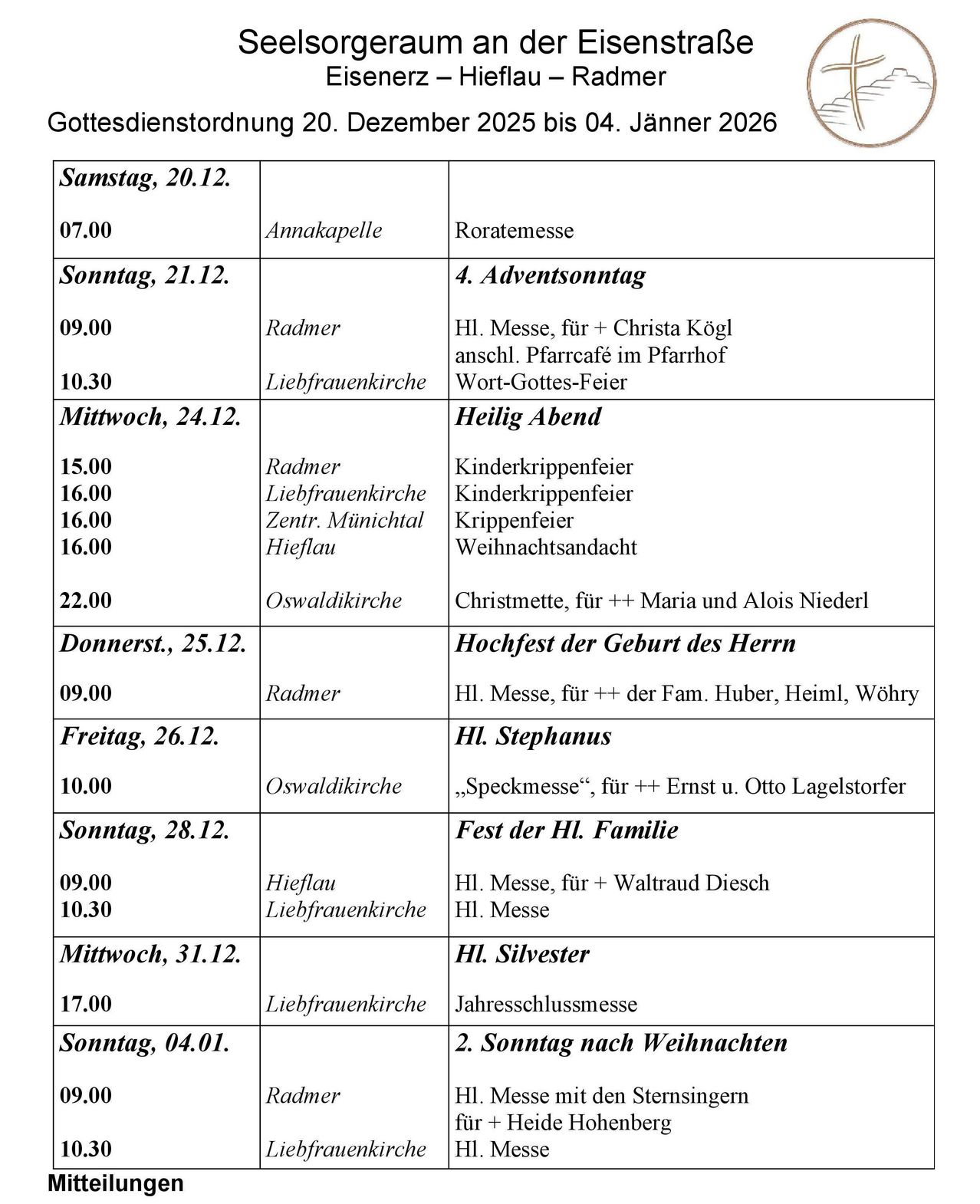 Das Bild zeigt einen Zeitplan für eine Reihe von Gottesdiensten vom 20. Dezember 2025 bis zum 4. Januar 2026, einschließlich Details wie Datum, Uhrzeit und Ort jedes Ereignisses.