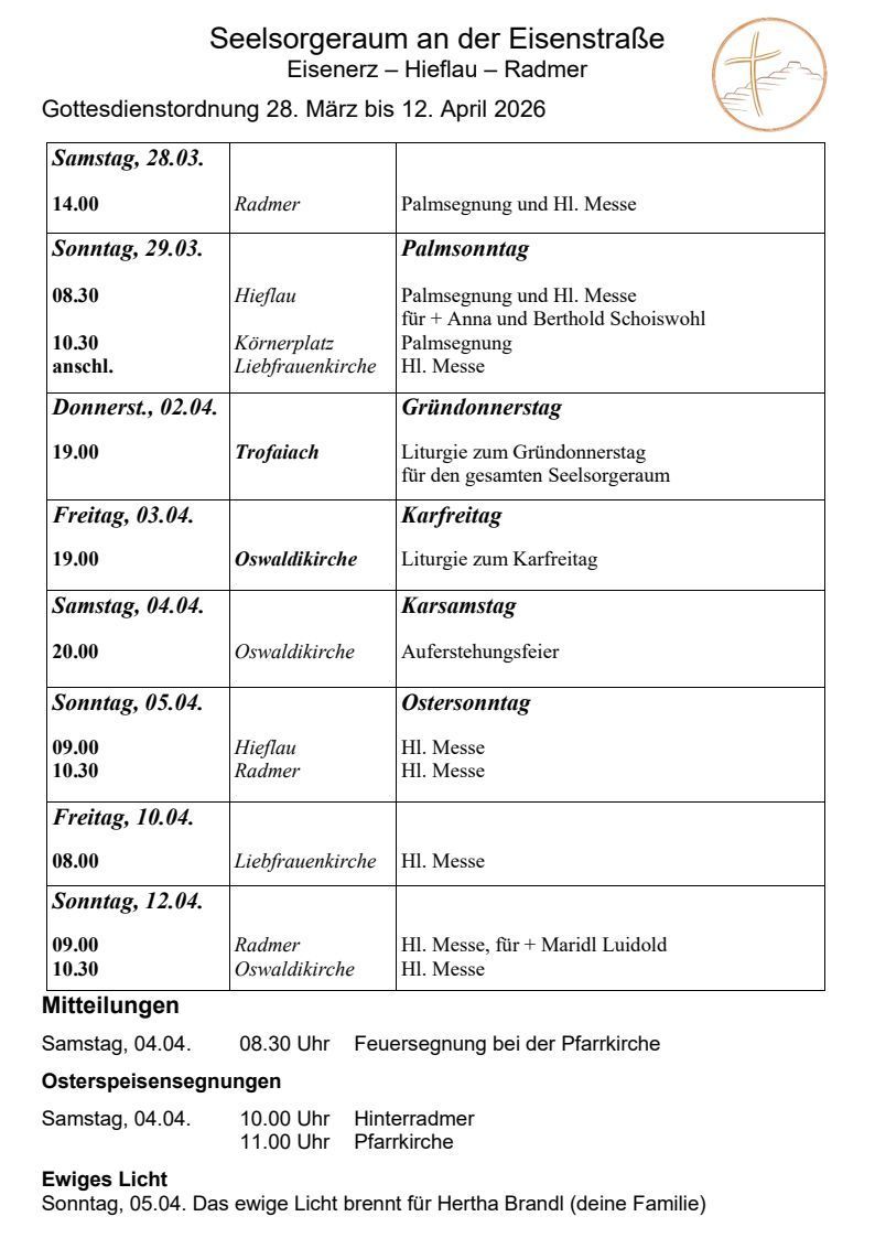 Ein Zeitplan für Gottesdienste umfasst Palmsonntag, Karfreitag und Ostersonntag mit Angaben zu Zeiten und Orten. Die Gottesdienste beinhalten Lesungen, Messen und Segnungen.