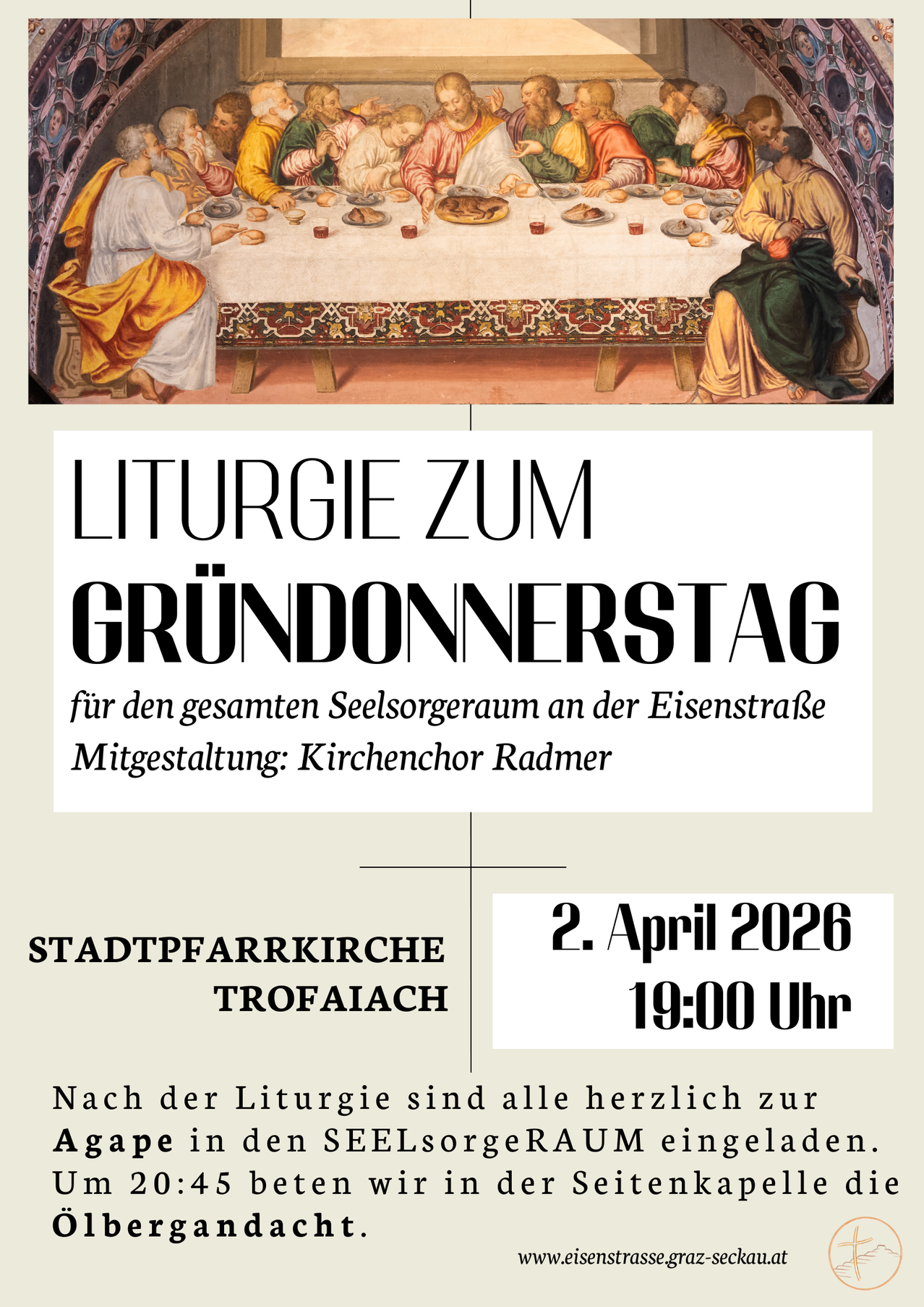 Ein Plakat zeigt eine religiöse Zusammenkunft, wahrscheinlich eine Liturgie, mit Figuren in historischer Kleidung. Die Veranstaltung ist für das gesamte Seelsorgeteam an der Eisenstrasse. Datum: 2. April 2026, Zeit: 19:00 Uhr.