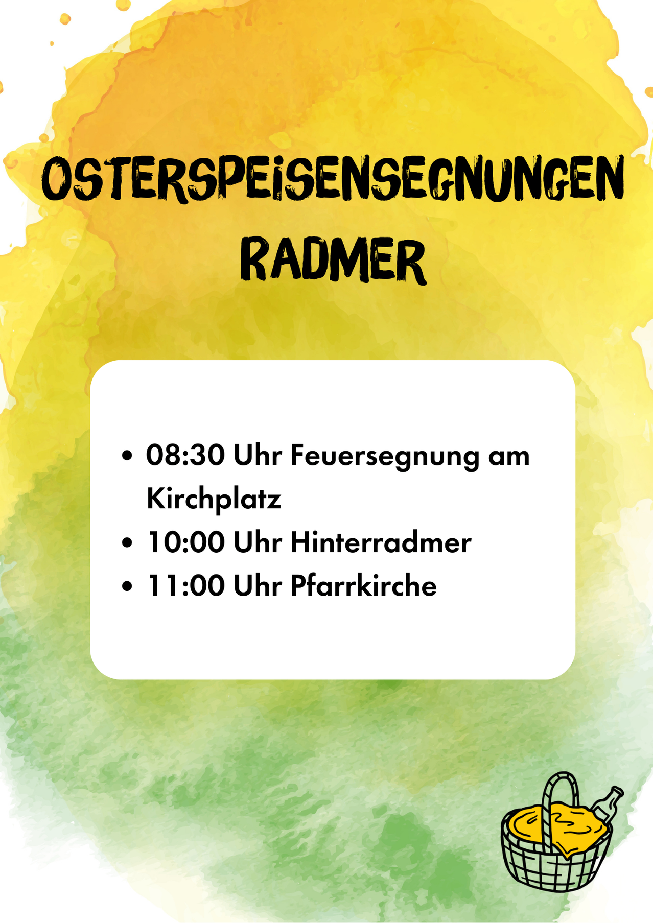 Das Bild zeigt einen Zeitplan für Osterveranstaltungen in Radmer. Um 08:30 Uhr gibt es ein Lagerfeuer am Kirchplatz. Um 10:00 Uhr findet eine Fahrt mit einer Pferdekutsche statt. Um 11:00 Uhr ist ein Gottesdienst vorgesehen.