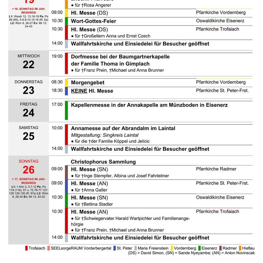 Ein wöchentlicher Zeitplan für Gottesdienste an verschiedenen Orten, einschließlich Zeiten, Standorten und besonderen Veranstaltungen. Der Zeitplan erstreckt sich von Sonntag bis Samstag.