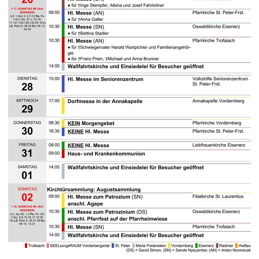 Ein wöchentlicher Zeitplan für Gottesdienste in Deutsch, einschließlich Zeiten, Orten und besonderen Veranstaltungen. Der Zeitplan erstreckt sich von Sonntag bis Samstag, wobei einige Tage mehrere Gottesdienste haben.