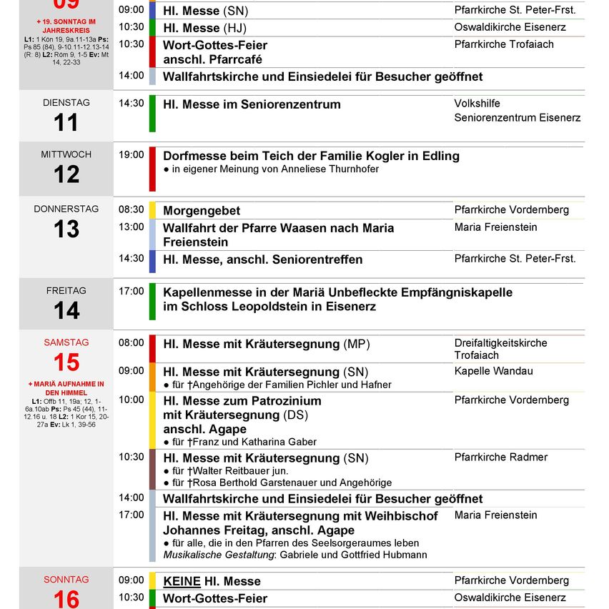 Ein wöchentlicher Zeitplan religiöser Gottesdienste in Deutsch, einschließlich Zeiten, Orte und besonderer Veranstaltungen wie Segnungen und Messen.
