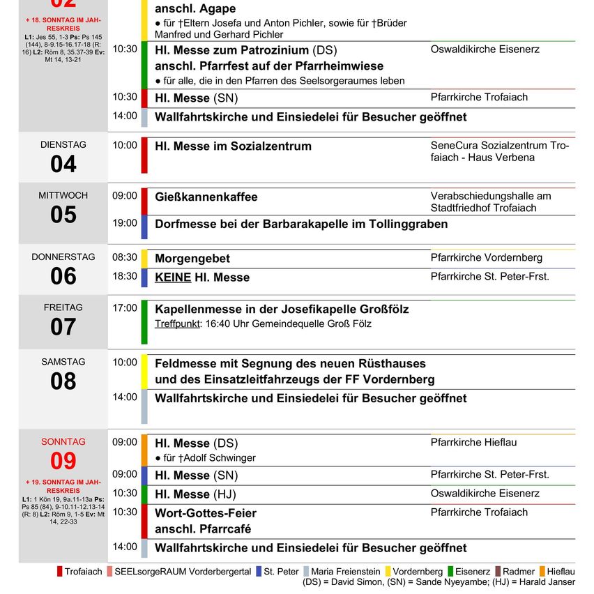 Ein Zeitplan für Kirchengottesdienste und Veranstaltungen für die Woche, einschließlich Details wie Zeiten, Orte und besondere Gottesdienste. Der Zeitplan ist in Wochentage unterteilt mit entsprechenden Aktivitäten und Zeiten.