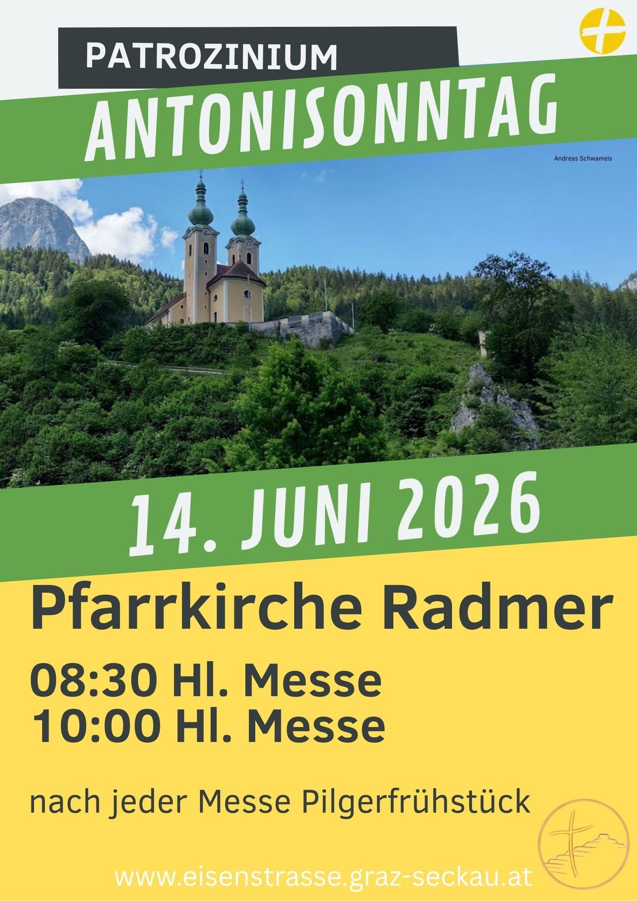Plakat für eine Veranstaltung am 14. Juni 2026 mit der Pfarrkirche Radmer, angesetzten Zeiten für zwei Messen um 08:30 und 10:00 Uhr.