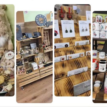 Bilder zeigen handgefertigte Waren auf Holzregalen, eine Sammlung von Tassen mit Tierdesigns und eine Holzuhr mit Naturthema.