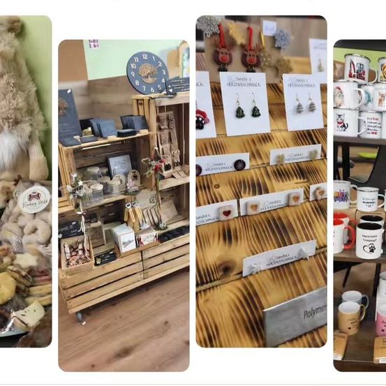 Bilder zeigen handgefertigte Waren auf Holzregalen, eine Sammlung von Tassen mit Tierdesigns und eine Holzuhr mit Naturthema.