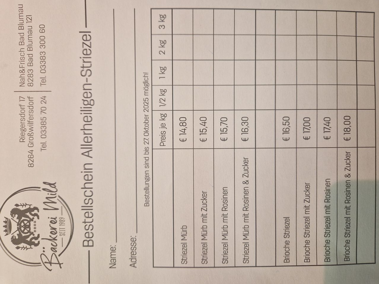 Das Bild ist ein Beleg von 'Backerei Wild' vom 27. Oktober 2025. Es listet Preise für verschiedene Produkte auf, darunter 'Striezel Murb', 'Striezel Murb mit Zucker', 'Striezel Murb mit Rosinen', 'Striezel Murb mit Rosinen & Zucker', 'Briochen Striezel', 'Briochen Striezel mit Zucker', 'Briochen Striezel mit Rosinen', jeweils pro Kilogramm.