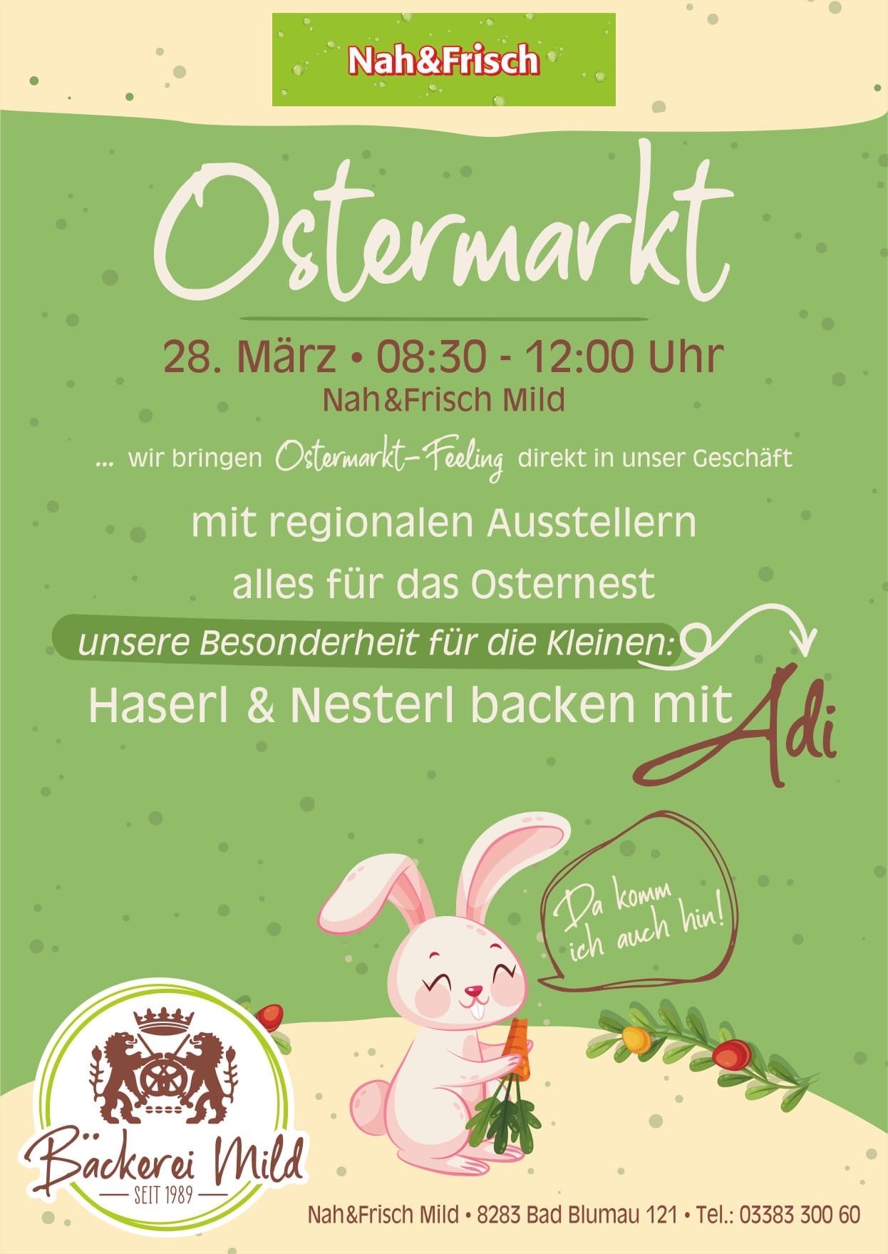 Ein Ostermarkt-Event mit regionalen Ausstellern. Genießen Sie Osterleckereien, einschließlich Eierbacken mit Adi für Kinder. Datum: 28. März, Zeit: 08:30 - 12:00 Uhr.