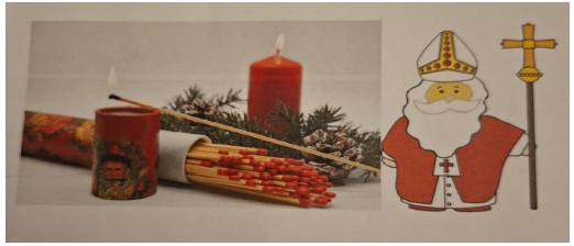 Einladungsposter für ein vorweihnachtliches Beisammensein. Zeigt eine Zeichnung von Sankt Nikolaus mit Kreuz, Kerze und Sack. Kündigt eine Heilige Messe in Schleinz am 8. Dezember 2025 um 16.00 Uhr an, gefolgt von einem Weihnachtsmarkt. Eltern werden gebeten, ihre Kinder anzumelden.