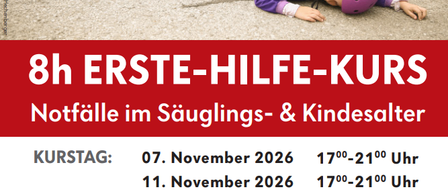 Ein Plakat für einen 8-stündigen Erste-Hilfe-Kurs für Säuglinge und Kinder. Der Kurs findet am 7. und 11. November 2026 von 17:00 bis 21:00 Uhr im Gemeindesaal Walpersbach statt. Die Kurskosten werden von der Gemeinde Walpersbach übernommen.