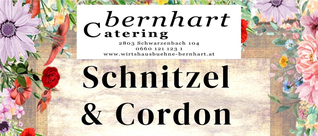 Werbeposter für Schnitzel & Cordon Veranstaltung in Pfar und Gemeindezentrum Walpenbach. Datum: Sonntag, 3. Mai. Zeit: 11:30 bis 14 Uhr. Enthält verschiedene Arten von Schnitzel und Cordon mit ihren Zutaten.