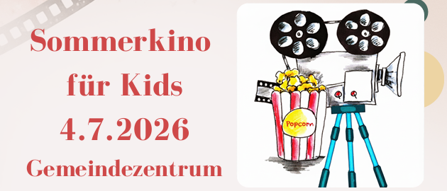 Sommerkino für Kinder am 4. Juli 2026 im Gemeindezentrum. Der Film Madagaskar beginnt um 16:30 und endet um 17:00. Freier Eintritt. Eltern und Erziehungsberechtigte willkommen mit Buffet. Decke und Kissen mitbringen.