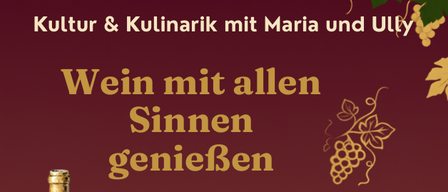 Plakat für eine Weinverkostung. Abfahrt um 7:45 Uhr in Walpersbach, Rückkehr um 21:45 Uhr. Kosten 65 Euro. Kontaktieren Sie Maria oder Ully für die Anmeldung.