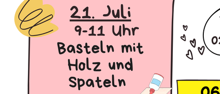 Ein Zeitplan für Veranstaltungen vom 14. Juli bis 6. August. Aktivitäten umfassen Naturerlebnis, Brandschutz, Basteln und einen Besuch im Pony- und Streichelzoo.