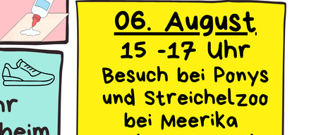 Das Bild zeigt vier Veranstaltungen für Kinder. Am 14. und 21. Juli geht es um Outdoor-Aktivitäten wie Waldspiele und Basteln. Am 24. Juli steht ein Besuch der Feuerwache auf dem Programm. Am 6. August geht es zum Streichelzoo.