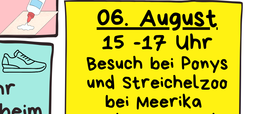Das Bild zeigt vier Veranstaltungen für Kinder. Am 14. und 21. Juli geht es um Outdoor-Aktivitäten wie Waldspiele und Basteln. Am 24. Juli steht ein Besuch der Feuerwache auf dem Programm. Am 6. August geht es zum Streichelzoo.