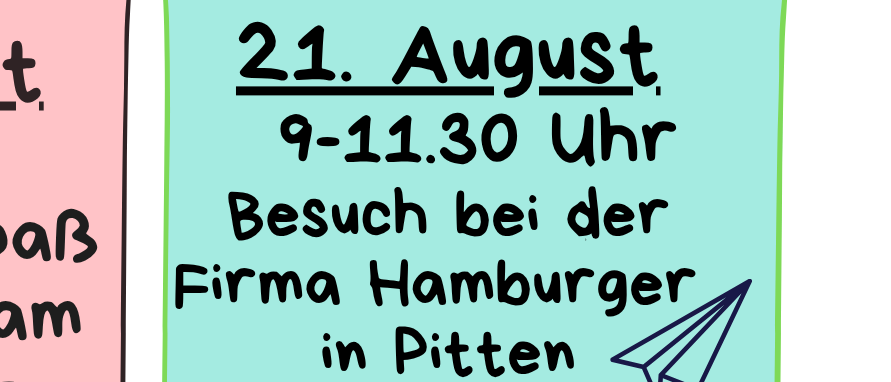 Sport und Spaß mit Robert am Mühlwald-Sportplatz. Besuch bei Hamburger in Pitten für Kinder ab 8 Jahren, begrenzte Teilnehmerzahl. 27. August, 16-18 Uhr: Abschlussfest mit Spielstationen, Lagerfeuer und Überraschungen. Bitte den Kindern immer ein Getränk mitgeben.