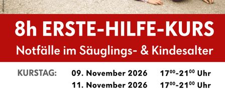 Ein Plakat für einen 8-stündigen Erste-Hilfe-Kurs für Notfälle bei Säuglingen und Kindern, geplant für den 9. und 11. November 2026 von 17:00 bis 21:00 Uhr im Gemeindeamt Walpersbach. Anmeldungen sind per E-Mail oder Telefon möglich.