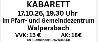 Ein Plakat für eine Kabarett-Veranstaltung von Manfred Spies am 17.10.26 um 19:30 Uhr im Pfarr-und Gemeindezentrum Walpersbach. Die Ticketpreise sind 15€ für VVK und 18€ für AK.