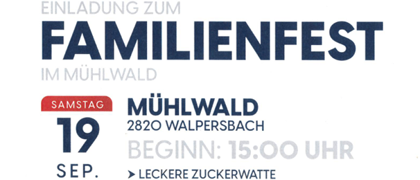 Plakat für ein Familienfest in Mühlwald, das eine Familie am Tisch mit Essen zeigt, umgeben von spielenden Kindern und Tieren. Das Plakat enthält Details zum Startzeitpunkt und zu den Aktivitäten der Veranstaltung.