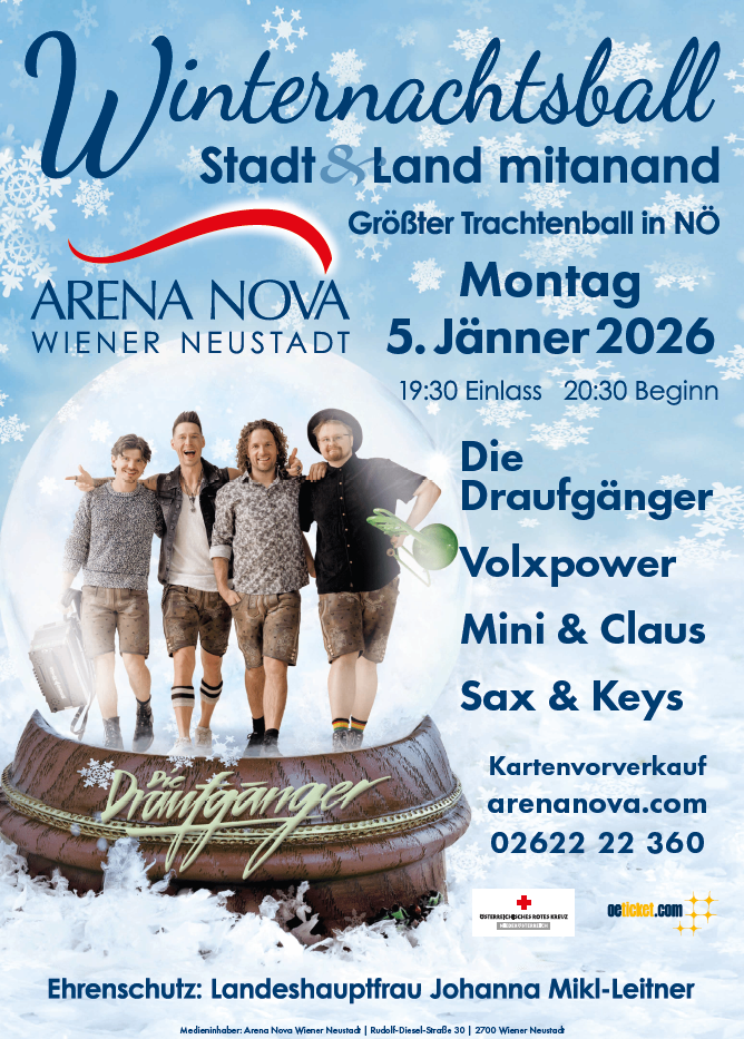 Ein Plakat für eine Neujahrsveranstaltung in Wien. Vier Männer stehen in einer Schneekugel. Daten, Zeiten und Ticketinformationen sind angegeben.