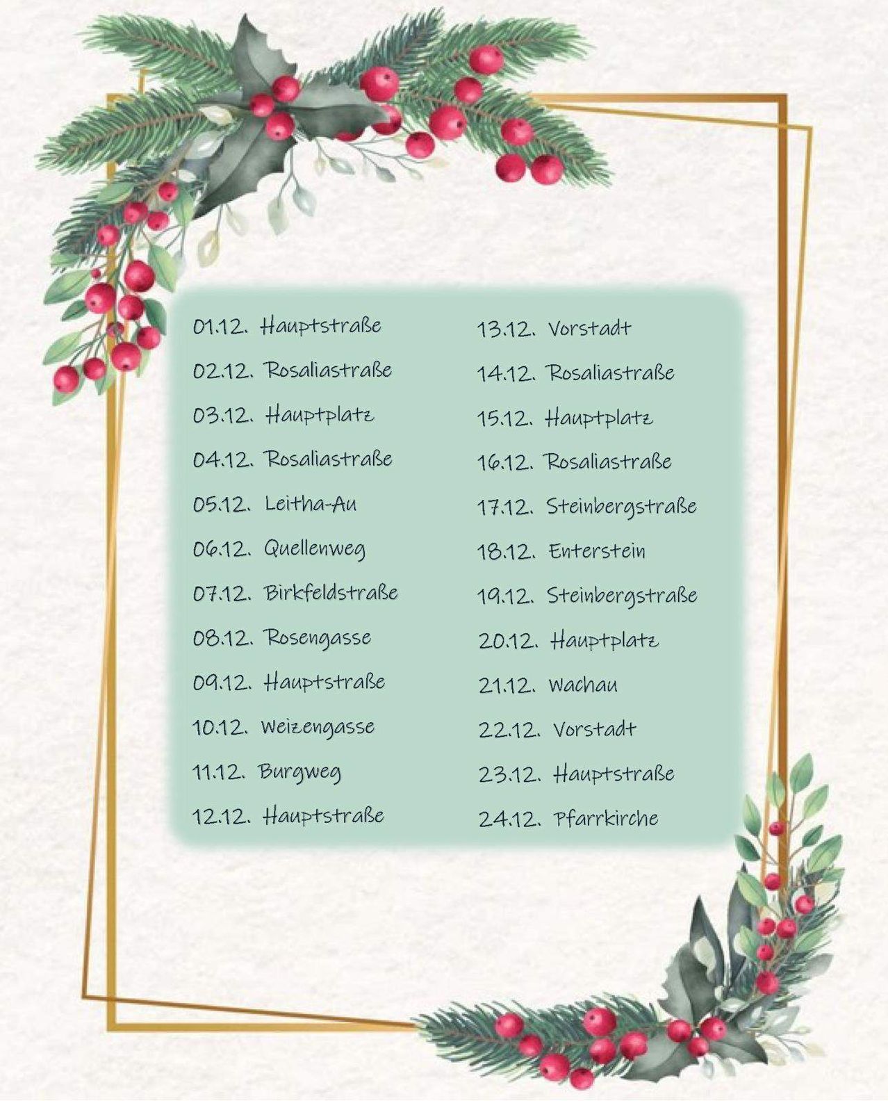 Eine Liste von Straßen mit Datumsangabe im Dezember. Die Straßen umfassen Hauptstrasse, Rosaliastasse, Hauptplate, Leitha-Au, Quellneuweg, Birkfeldstrasse, Rosengasse und Burgweg. Die Daten reichen von 01.12 bis 12.12.