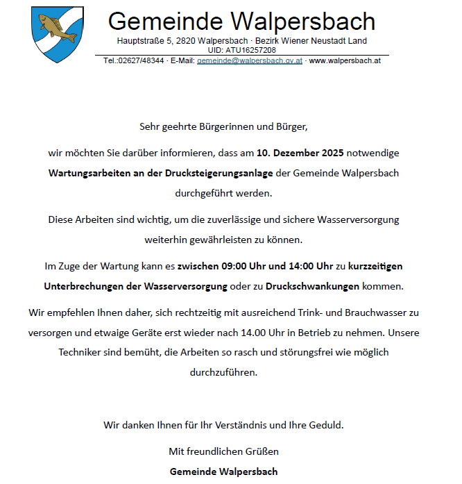 Eine offizielle Mitteilung der Gemeinde Walpersbach informiert Bürger über notwendige Wartungsarbeiten an der Drucksteuerungsanlage, geplant für den 10. Dezember 2025. Die Arbeiten sind wichtig für die Aufrechterhaltung einer zuverlässigen und sicheren Wasserversorgung.
