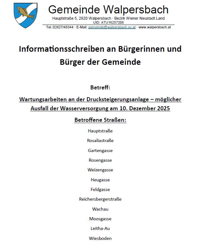 Amtlicher Brief der Gemeinde Walpersbach über Wartungsarbeiten an der Druckerhöhungsanlage, die zu Wasserversorgungsunterbrechungen am 10. Dezember 2025 führen können. Betroffene Straßen sind Hauptstraße, Rosalistraße, Gartengasse, Rosengasse, Weizengasse, Heugasse, Feldgasse, Reichersbergerstraße, Wachau, Moosgasse, Leitha-Au und Wiesendon.
