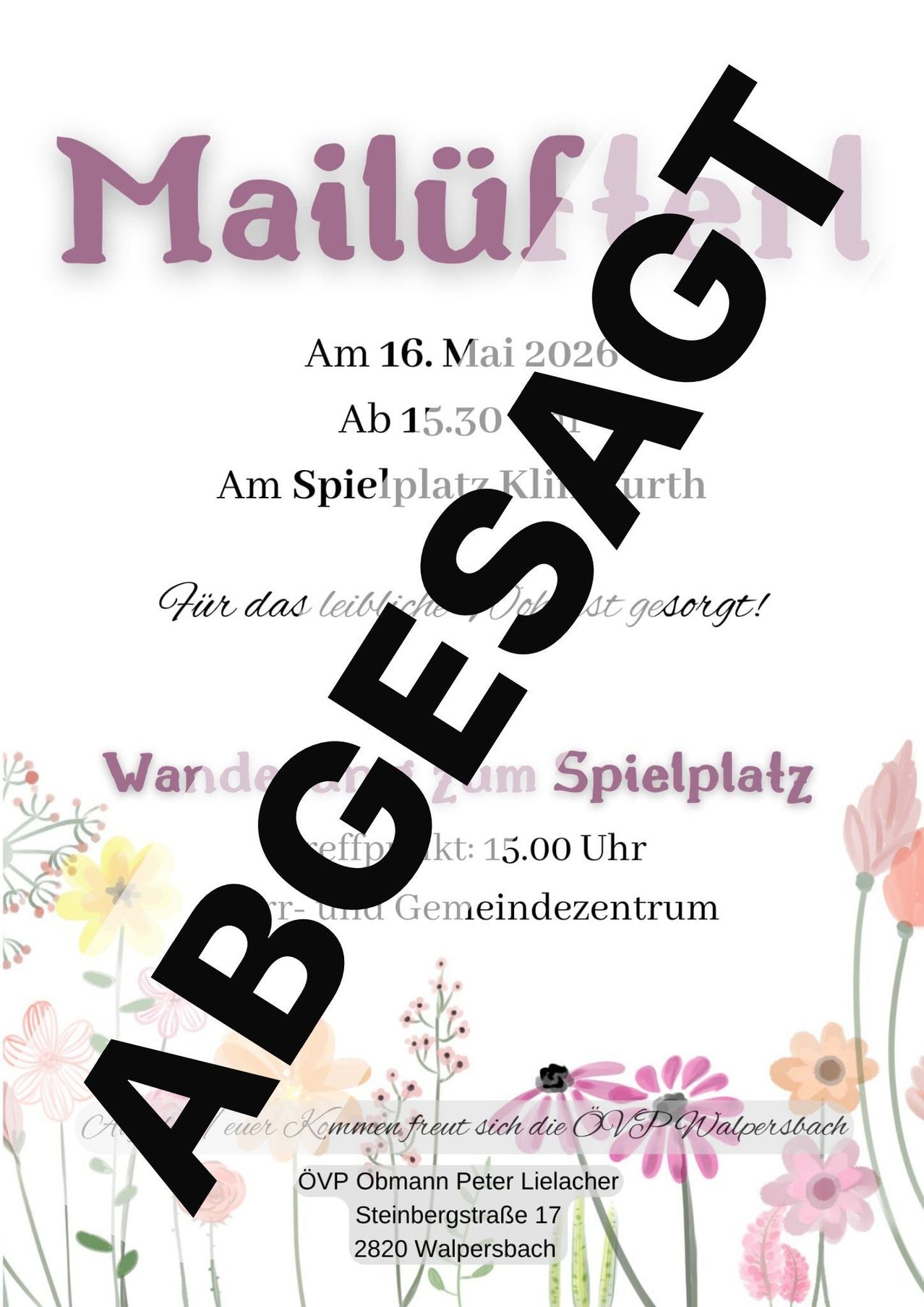 Plakat für die Veranstaltung am 16. Mai 2026. Beginn um 15:30 Uhr am Spielplatz Klin. Die Veranstaltung ist für die Gemeinde organisiert.