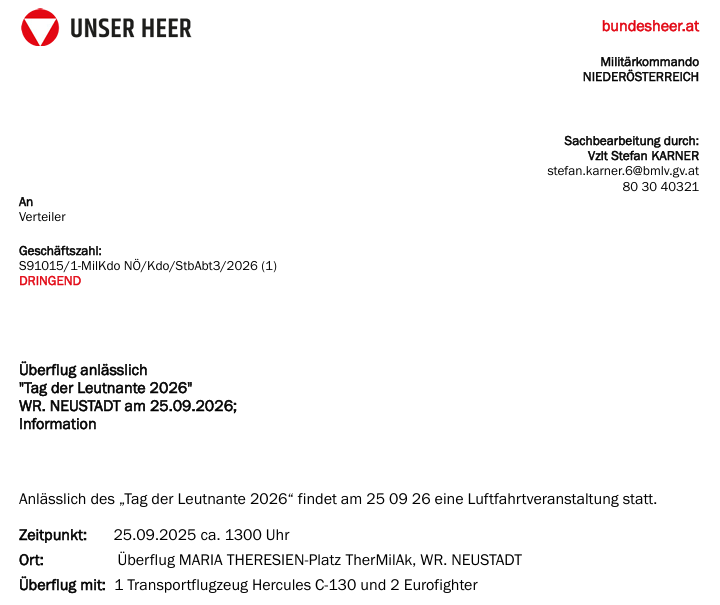 Offizielles Dokument der Österreichischen Bundesheer, das eine Flugveranstaltung am 25.09.2026 in Wiener Neustadt ankündigt. Die Veranstaltung ist Teil des Tag der Leutnante 2026. Es werden ein Hercules C-130 und zwei Eurofighter-Flugzeuge gezeigt.