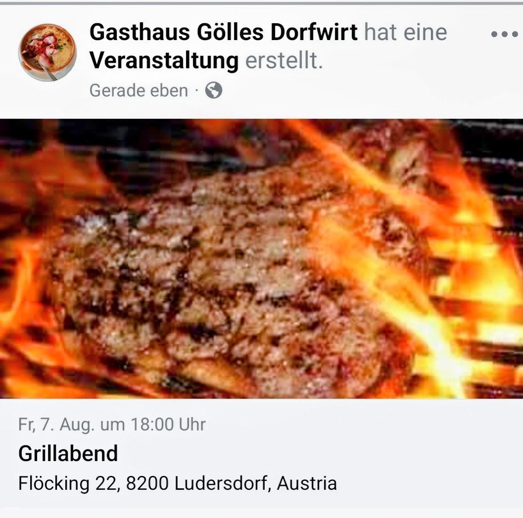 Ein Steak wird auf einem Grill mit Flammen gegrillt, vor einem weißen Hintergrund. Die Veranstaltung wird von Gasthaus Gölles Dorfwirt veranstaltet.