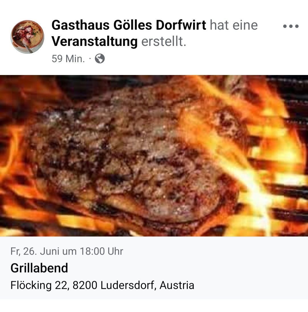 Grillabend im Gasthaus Gölles Dorfwirt mit einem Steak auf einem Grill, geplant für Freitag, den 26. Juni um 18:00 Uhr in Flocking 22, Ludersdorf, Österreich.