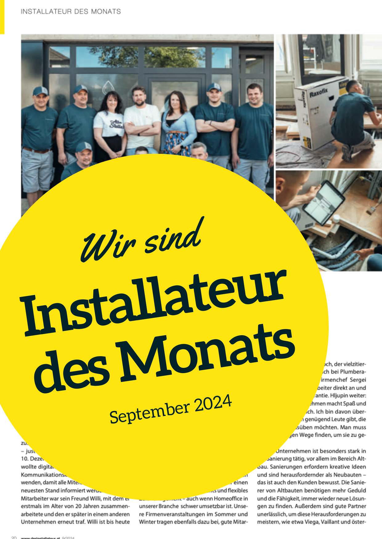 Plakat mit einem Team von Installateuren. Der Text lautet 'Wir sind Installateur des Monats, September 2024.' Im Hintergrund arbeiten Installateure an Rohr- und Elektrosystemen.
