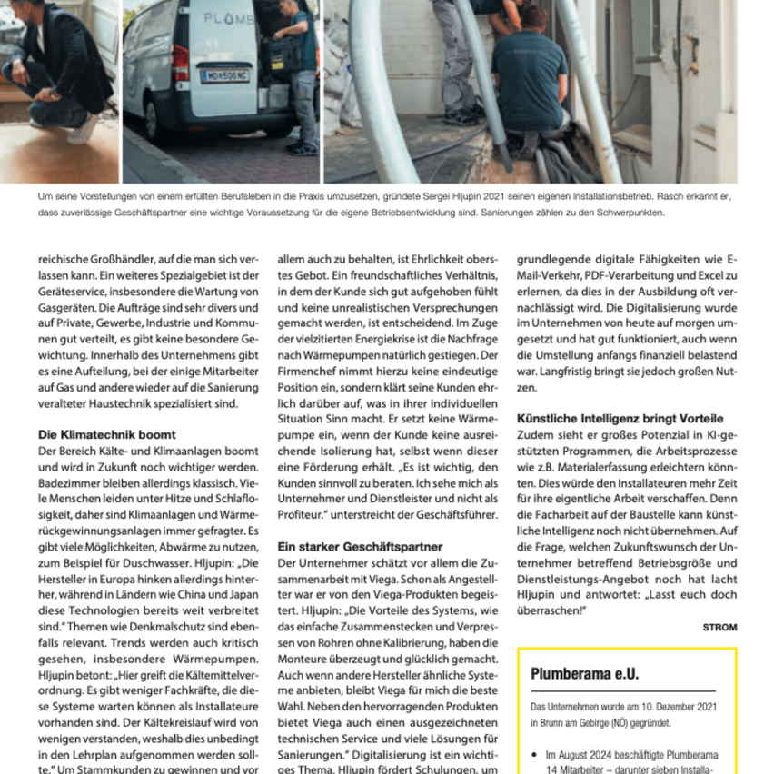 Sergei Hjupin begann 2021 ein Installationsunternehmen, erkannte das Potenzial zuverlässiger Partner in der Praxis. Nach gesammelter Erfahrung erkannte er die Bedeutung gründlicher Vorbereitung für die Geschäftsentwicklung. Klimaschutz und Külte sind boomende Sektoren, und Hjupin plant, sein Unternehmen in diesen Bereichen zu erweitern. Das Unternehmen bietet Dienstleistungen wie Wartung, PDF-Verarbeitung und Excel-Kenntnisse an und sucht nach Mitarbeitern mit relevanter Erfahrung.