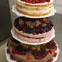 Dreistöckiger Kuchen mit verschiedenen Beeren und weißer Glasur. Die oberste Schicht hat rote und weiße Beeren, die mittlere hat rosa und schwarze Beeren und die unterste hat Schokoladenglasur mit roten Beeren.