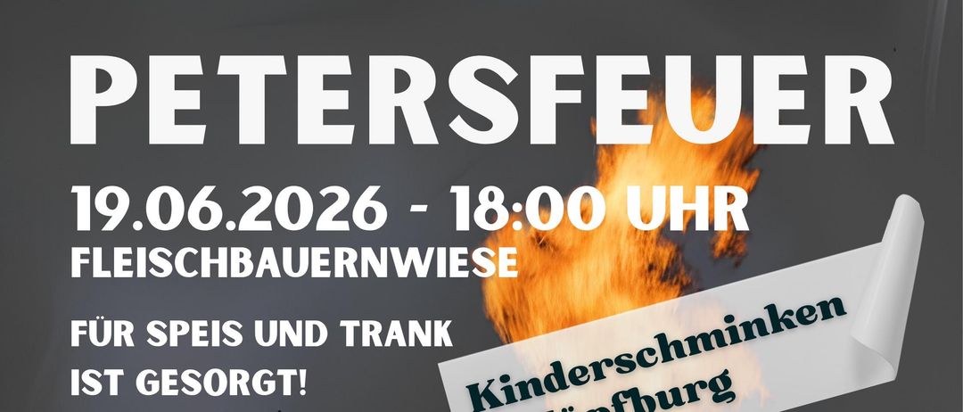 Plakat für ein Festival auf der Fleischbauernwiese am 19. Juni 2026 um 18 Uhr. Es zeigt Cartoon-Figuren, ein Schloss und ein Feuer. Es gibt ein Musiknoten- und ein Trompetensymbol. Der Text enthält Kinderschminken & Hufburg.