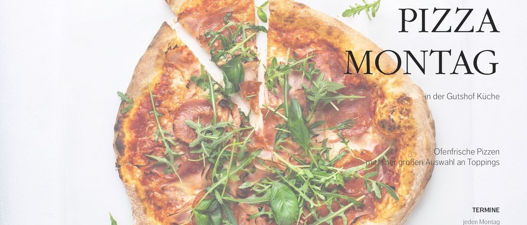 A close-up of a pizza slice with arugula and basil on top, with the text 'RESERVIERUNG' and a phone number in the corner.